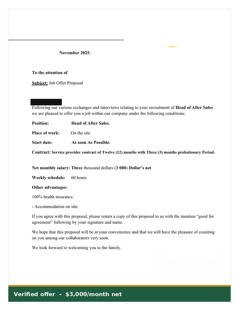 Verified offer, employer details removed for privacy